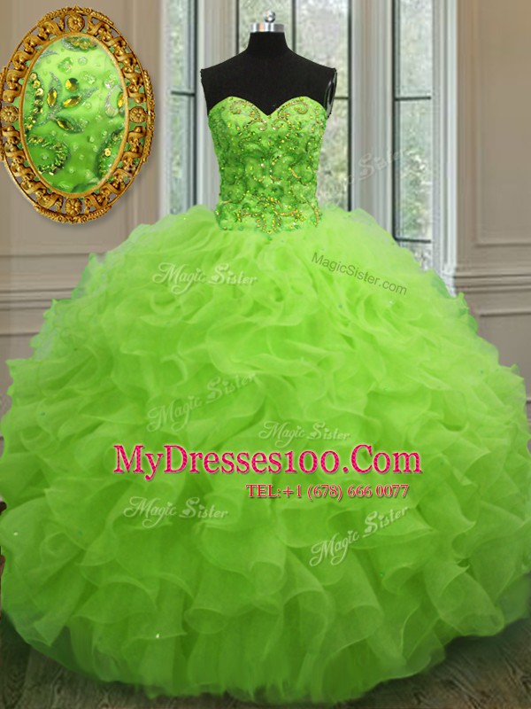 Traditional Sweetheart Sleeveless Quinceanera Gowns Floor Length Beading and Ruffles Yellow Green Organza