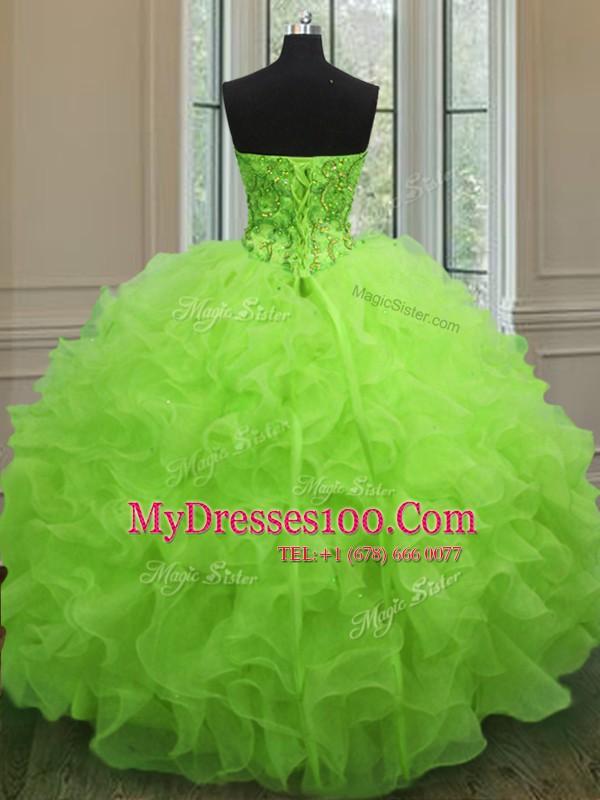 Traditional Sweetheart Sleeveless Quinceanera Gowns Floor Length Beading and Ruffles Yellow Green Organza