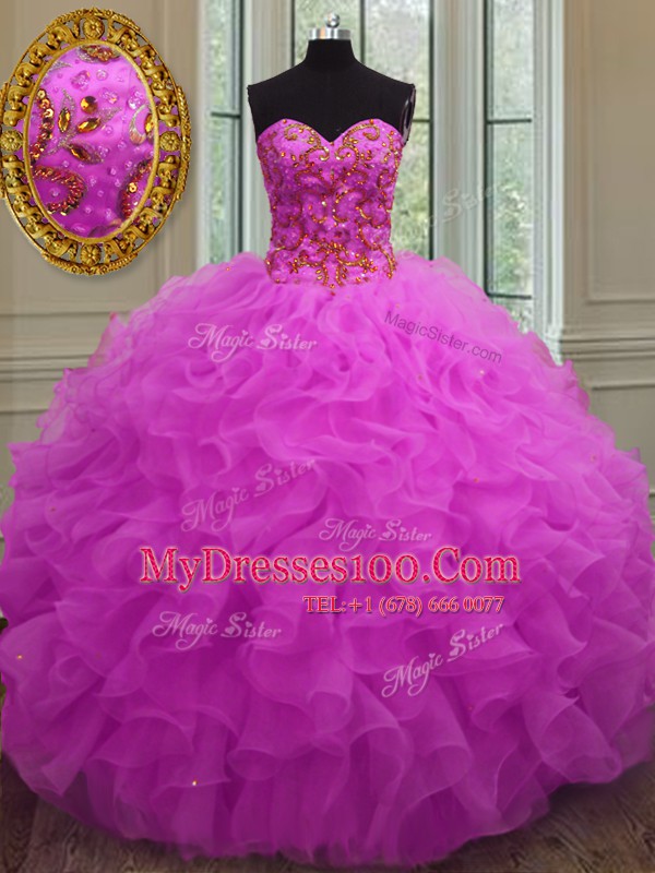 Stunning Fuchsia Sleeveless Organza Lace Up Vestidos de Quinceanera for Military Ball and Sweet 16 and Quinceanera