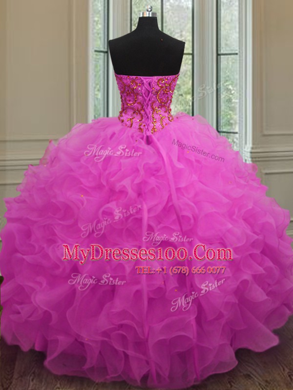 Stunning Fuchsia Sleeveless Organza Lace Up Vestidos de Quinceanera for Military Ball and Sweet 16 and Quinceanera