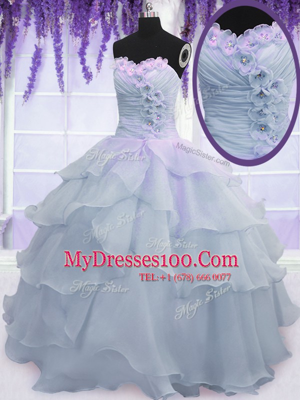 Luxurious Light Blue Lace Up Quinceanera Dress Ruffled Layers and Ruching and Hand Made Flower Sleeveless Floor Length