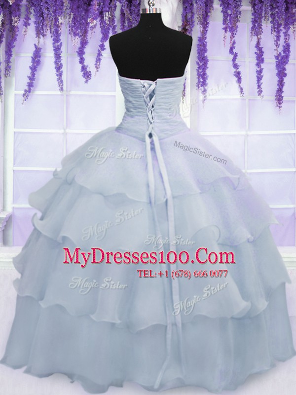 Luxurious Light Blue Lace Up Quinceanera Dress Ruffled Layers and Ruching and Hand Made Flower Sleeveless Floor Length