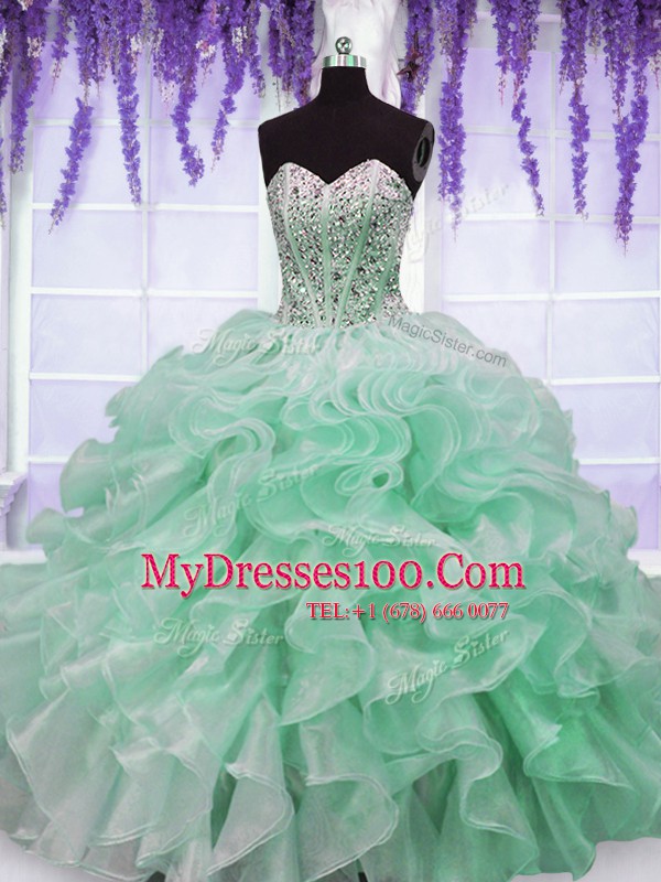 Luxurious Apple Green Lace Up Sweetheart Beading and Ruffles Quinceanera Dresses Organza Sleeveless