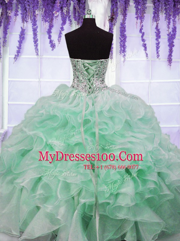 Luxurious Apple Green Lace Up Sweetheart Beading and Ruffles Quinceanera Dresses Organza Sleeveless