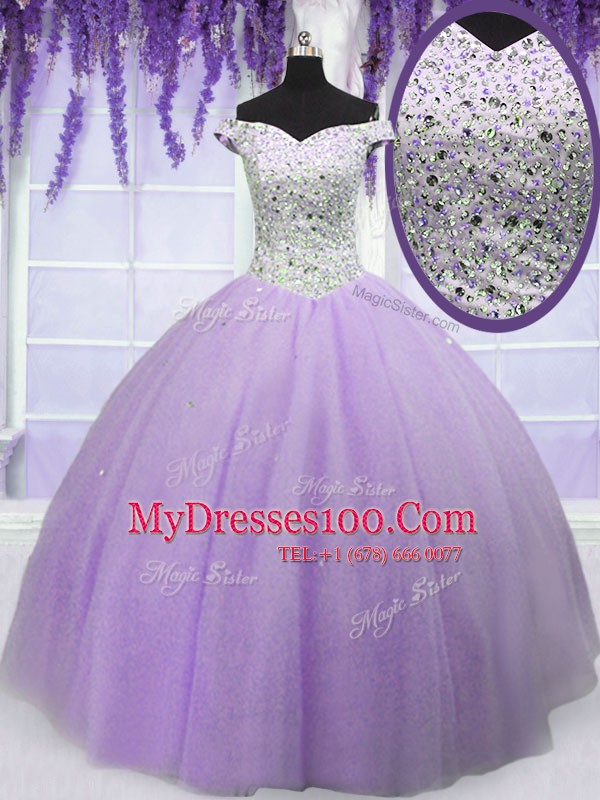 Off the Shoulder Lavender Tulle Lace Up Vestidos de Quinceanera Short Sleeves Floor Length Beading