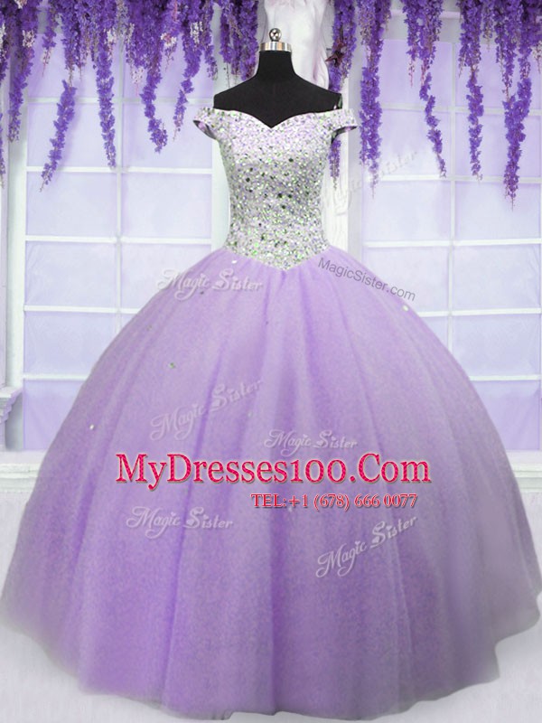 Off the Shoulder Lavender Tulle Lace Up Vestidos de Quinceanera Short Sleeves Floor Length Beading