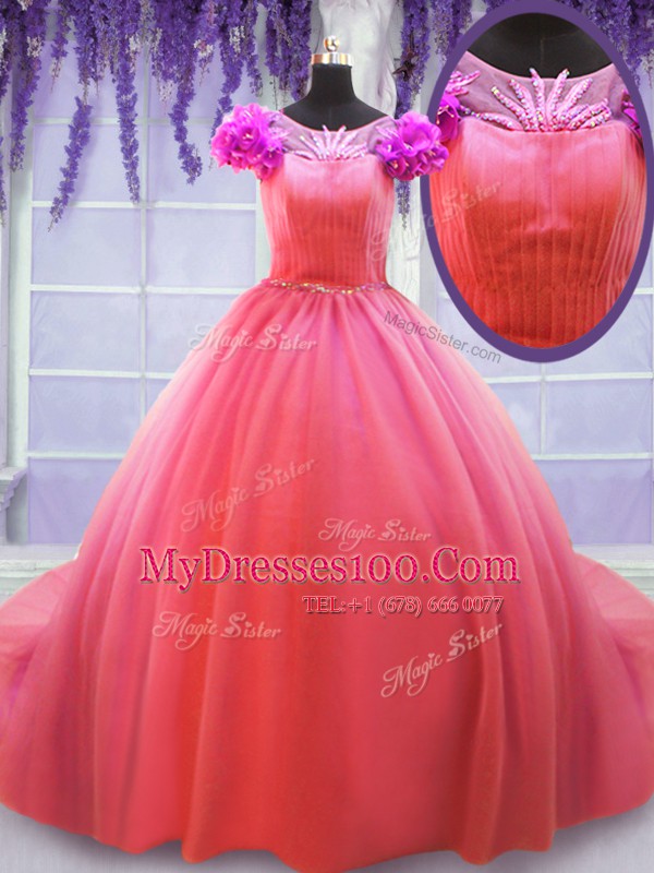 Scoop Short Sleeves Court Train Hand Made Flower Lace Up Quince Ball Gowns