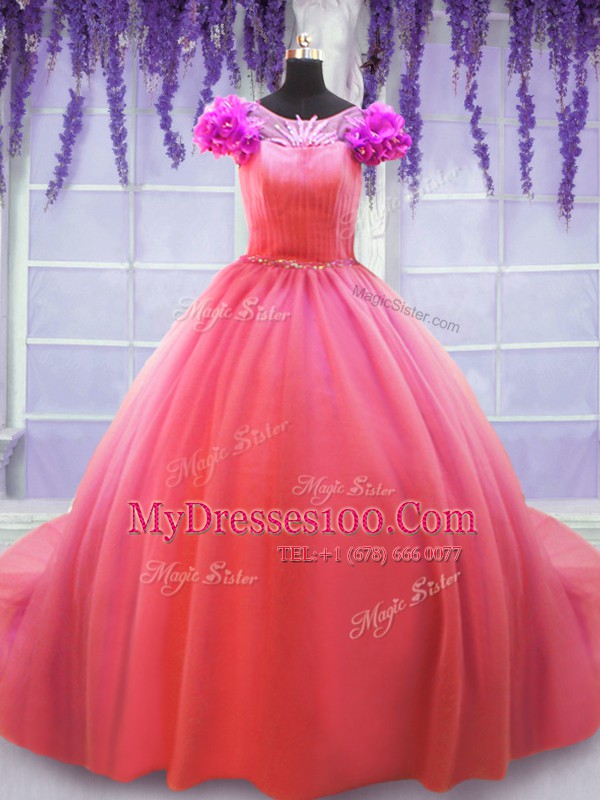 Scoop Short Sleeves Court Train Hand Made Flower Lace Up Quince Ball Gowns