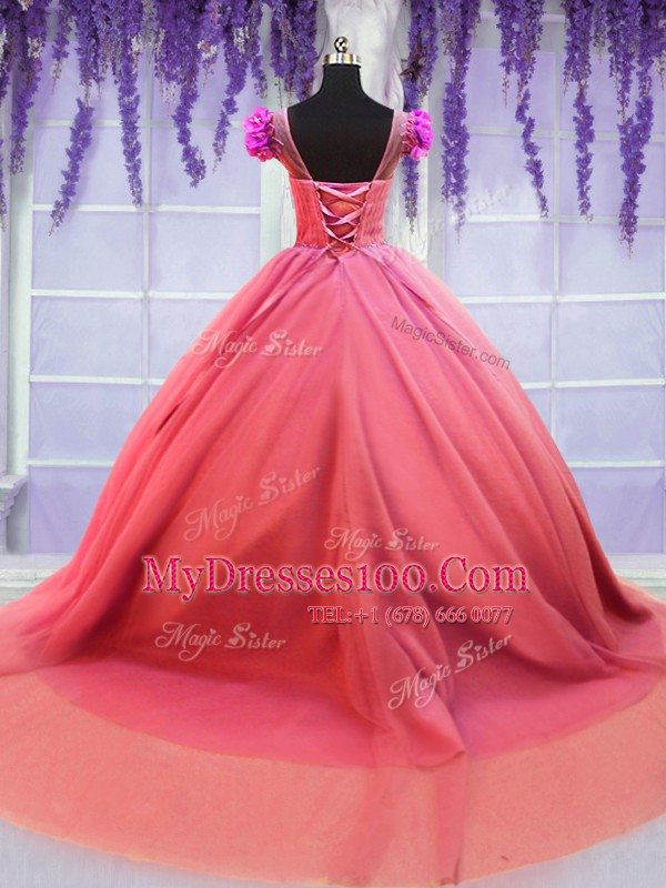 Scoop Short Sleeves Court Train Hand Made Flower Lace Up Quince Ball Gowns