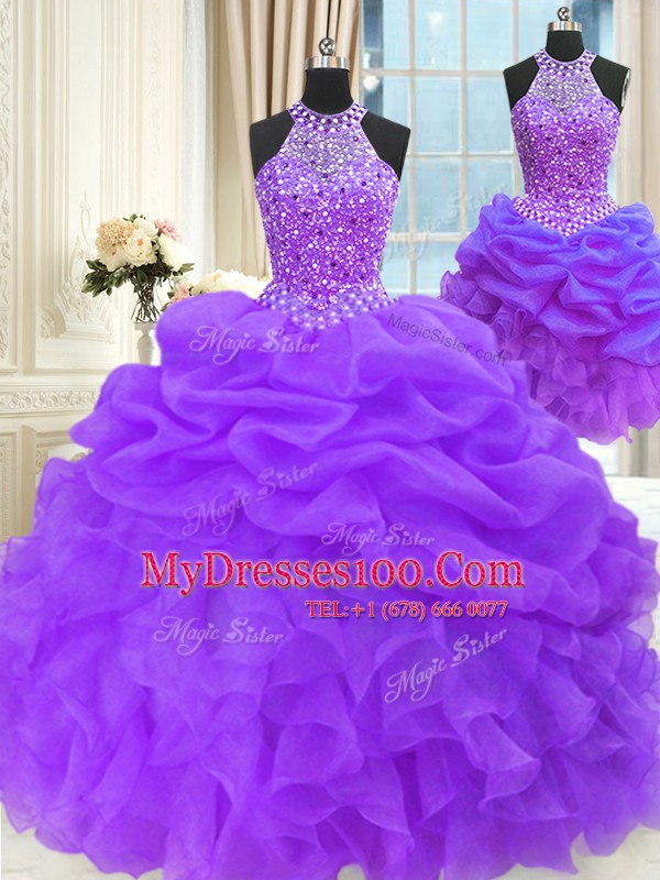 Fantastic Three Piece Eggplant Purple Organza Lace Up Quinceanera Dress Sleeveless Floor Length Beading and Pick Ups