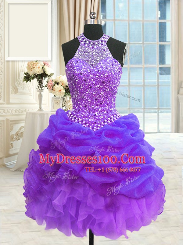 Fantastic Three Piece Eggplant Purple Organza Lace Up Quinceanera Dress Sleeveless Floor Length Beading and Pick Ups
