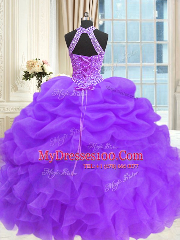 Fantastic Three Piece Eggplant Purple Organza Lace Up Quinceanera Dress Sleeveless Floor Length Beading and Pick Ups
