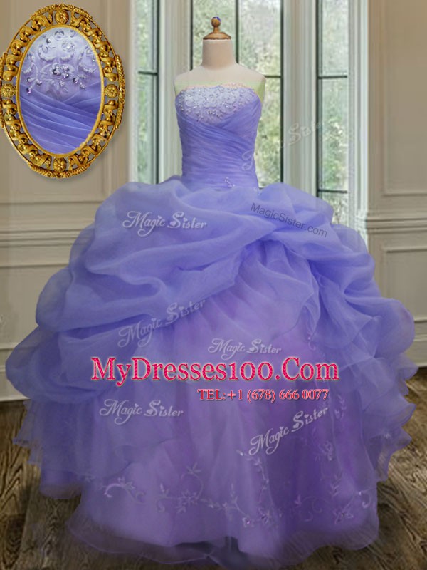 Flare Lavender Ball Gowns Strapless Sleeveless Organza Floor Length Lace Up Embroidery and Pick Ups Quinceanera Dress
