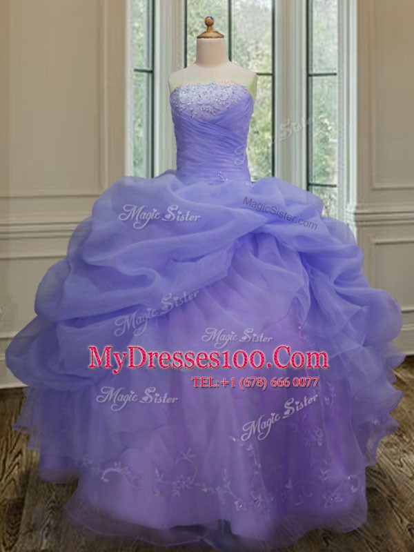 Flare Lavender Ball Gowns Strapless Sleeveless Organza Floor Length Lace Up Embroidery and Pick Ups Quinceanera Dress