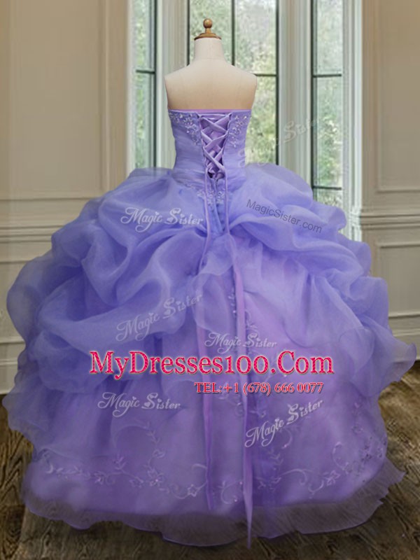 Flare Lavender Ball Gowns Strapless Sleeveless Organza Floor Length Lace Up Embroidery and Pick Ups Quinceanera Dress