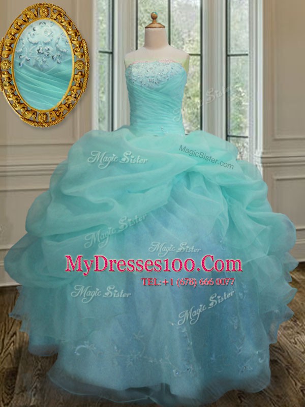 Super Aqua Blue Sleeveless Embroidery and Pick Ups Floor Length Quince Ball Gowns
