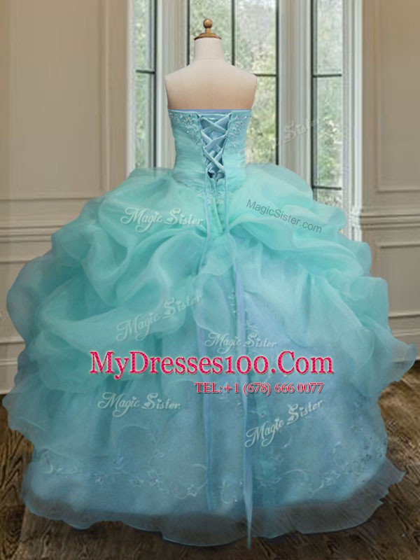 Super Aqua Blue Sleeveless Embroidery and Pick Ups Floor Length Quince Ball Gowns