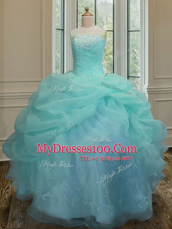 Super Aqua Blue Sleeveless Embroidery and Pick Ups Floor Length Quince Ball Gowns