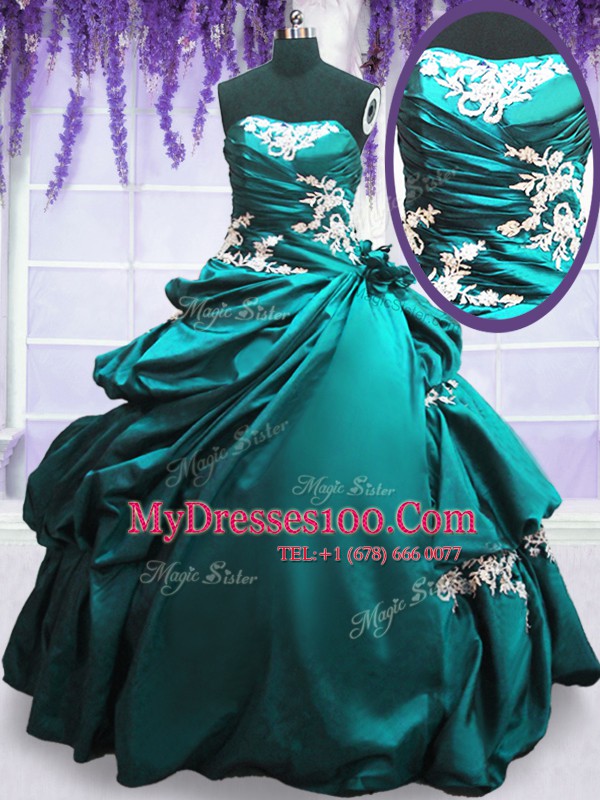 Deluxe Floor Length Lace Up Vestidos de Quinceanera Teal for Military Ball and Sweet 16 and Quinceanera with Appliques and Pick Ups