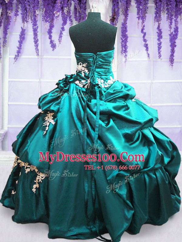 Deluxe Floor Length Lace Up Vestidos de Quinceanera Teal for Military Ball and Sweet 16 and Quinceanera with Appliques and Pick Ups