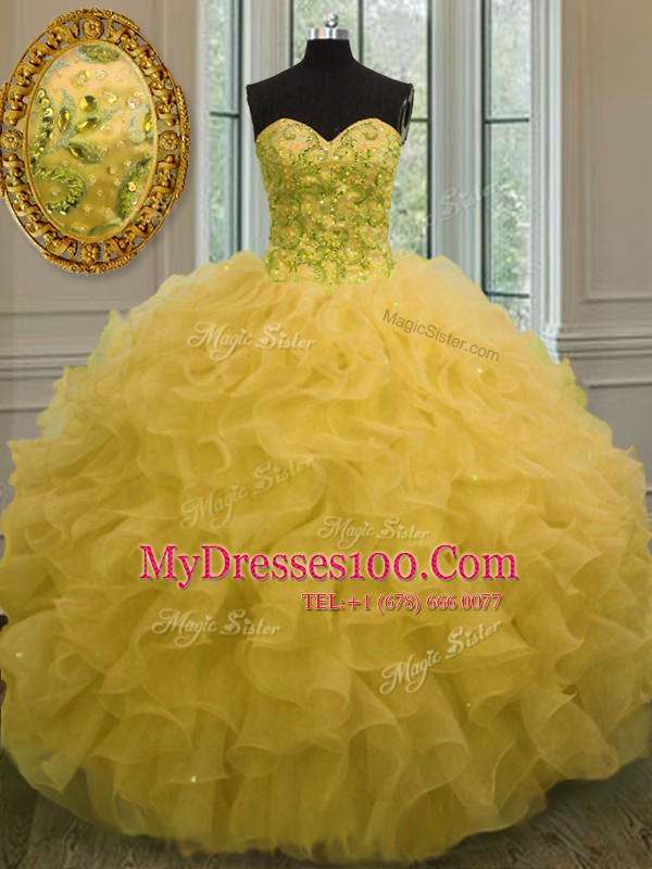 Fancy Sleeveless Floor Length Beading and Ruffles Lace Up Sweet 16 Dress with Gold