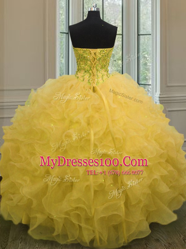 Fancy Sleeveless Floor Length Beading and Ruffles Lace Up Sweet 16 Dress with Gold