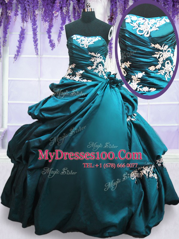 Fine Teal Strapless Neckline Appliques and Pick Ups Sweet 16 Dress Sleeveless Lace Up