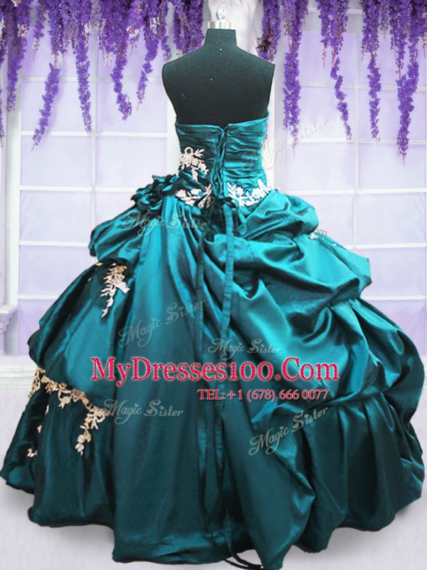 Fine Teal Strapless Neckline Appliques and Pick Ups Sweet 16 Dress Sleeveless Lace Up