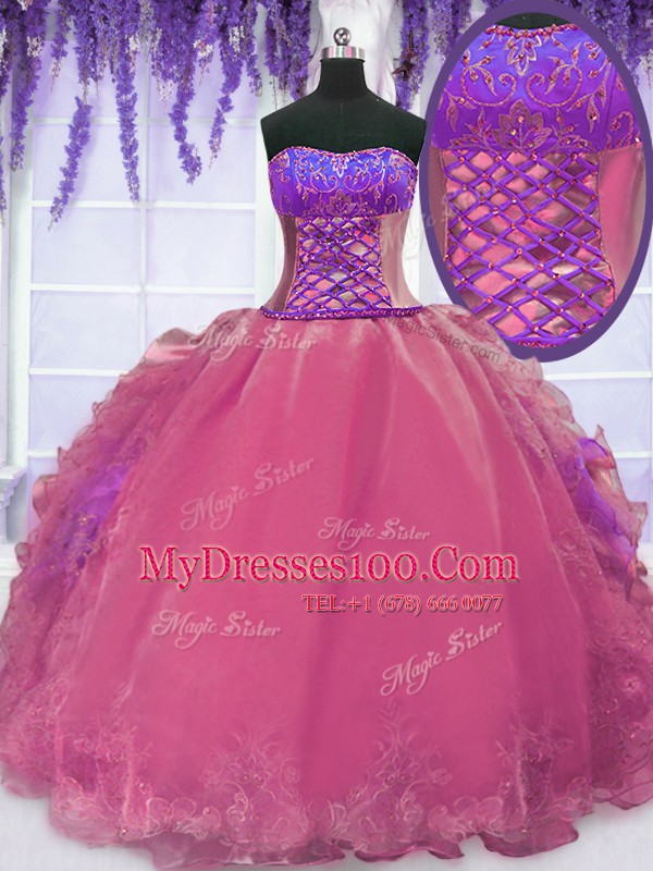Organza Strapless Sleeveless Lace Up Embroidery and Ruffles Ball Gown Prom Dress in Hot Pink