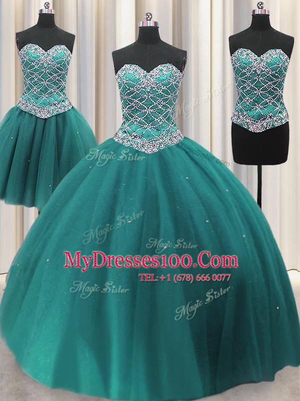 Luxurious Three Piece Sleeveless Lace Up Floor Length Beading and Sequins Sweet 16 Dress