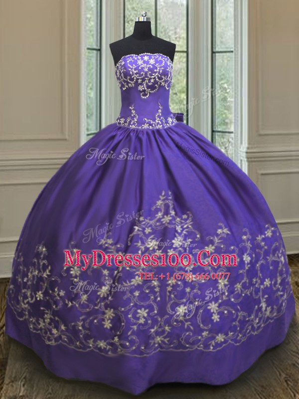 Floor Length Lace Up Sweet 16 Dress Purple for Military Ball and Sweet 16 and Quinceanera with Embroidery