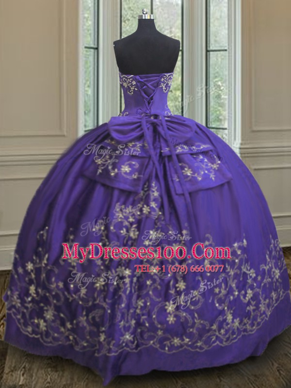 Floor Length Lace Up Sweet 16 Dress Purple for Military Ball and Sweet 16 and Quinceanera with Embroidery