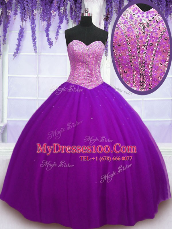 Floor Length Lace Up Quinceanera Gowns Eggplant Purple for Military Ball and Sweet 16 and Quinceanera with Beading