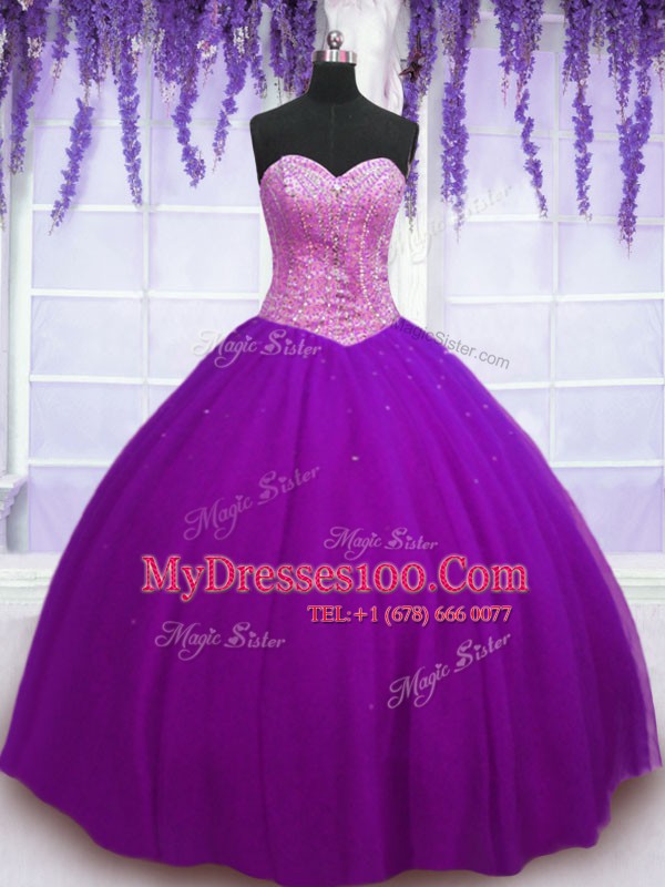 Floor Length Lace Up Quinceanera Gowns Eggplant Purple for Military Ball and Sweet 16 and Quinceanera with Beading
