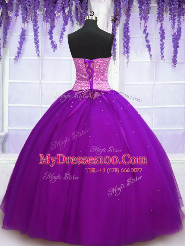 Floor Length Lace Up Quinceanera Gowns Eggplant Purple for Military Ball and Sweet 16 and Quinceanera with Beading
