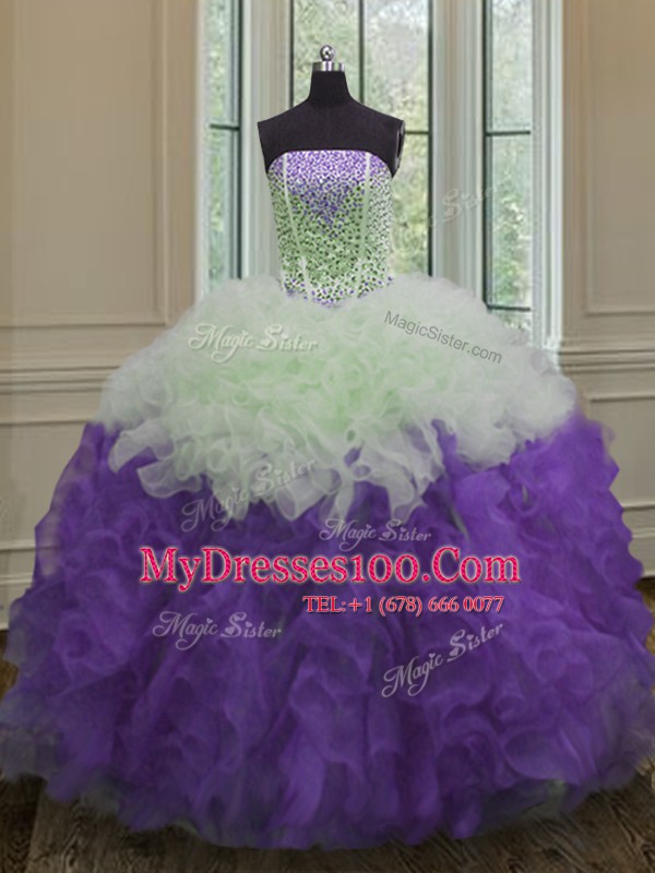 Lovely Strapless Sleeveless Lace Up Quinceanera Dress White And Purple Organza