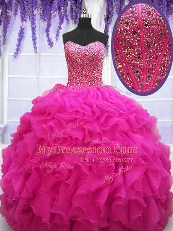 Great Fuchsia Ball Gowns Beading and Ruffles 15 Quinceanera Dress Lace Up Organza Sleeveless Floor Length