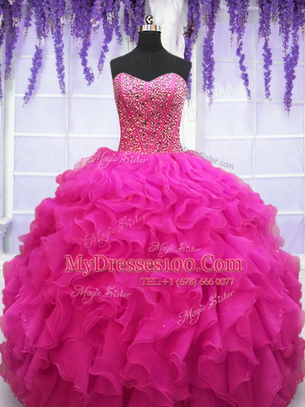Great Fuchsia Ball Gowns Beading and Ruffles 15 Quinceanera Dress Lace Up Organza Sleeveless Floor Length