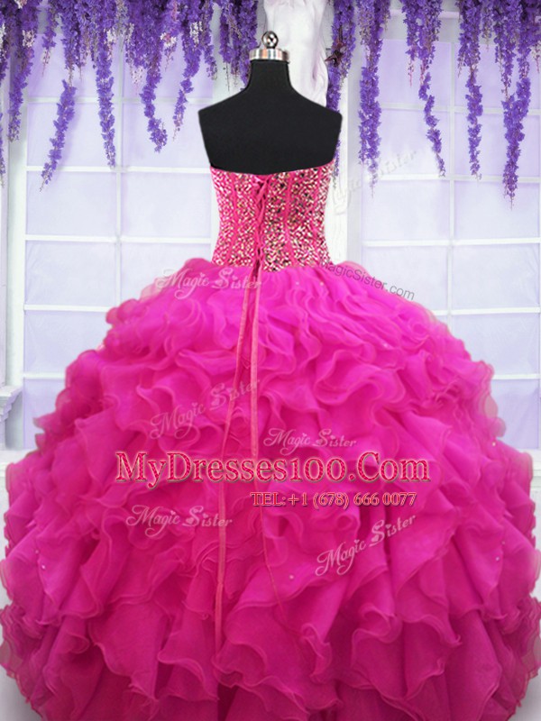 Great Fuchsia Ball Gowns Beading and Ruffles 15 Quinceanera Dress Lace Up Organza Sleeveless Floor Length