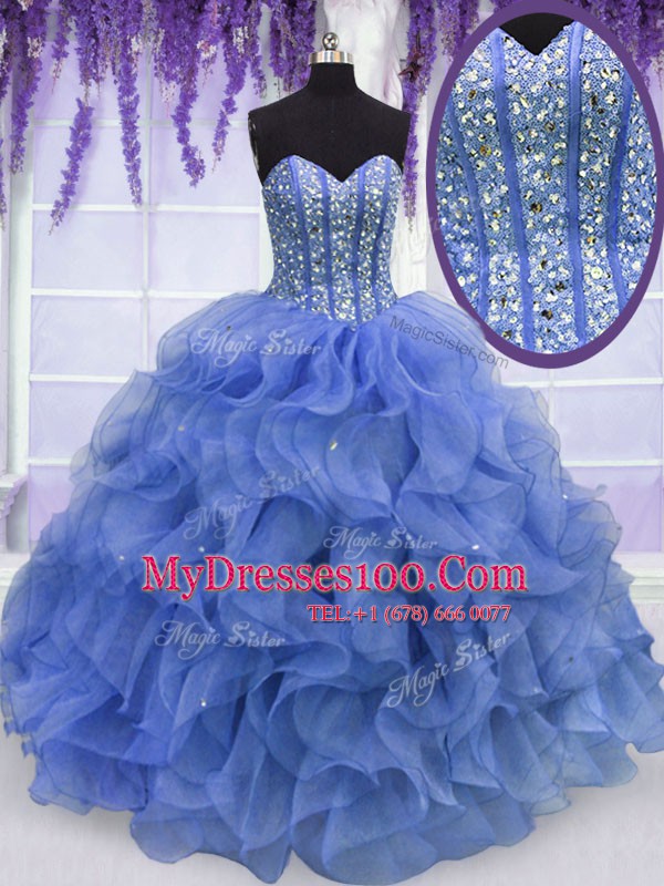 Blue Sweetheart Neckline Beading and Ruffles Quinceanera Dress Sleeveless Lace Up