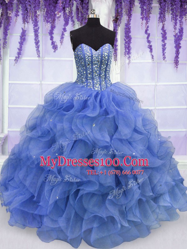 Blue Sweetheart Neckline Beading and Ruffles Quinceanera Dress Sleeveless Lace Up