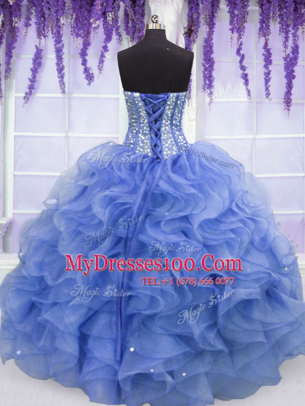 Blue Sweetheart Neckline Beading and Ruffles Quinceanera Dress Sleeveless Lace Up