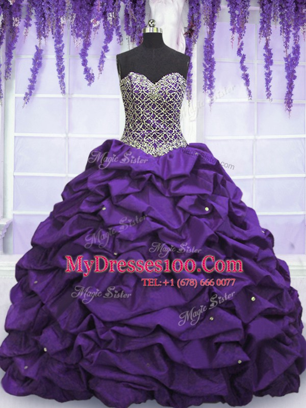 Traditional Eggplant Purple Taffeta Lace Up Quinceanera Gowns Sleeveless Floor Length Beading and Sequins and Pick Ups