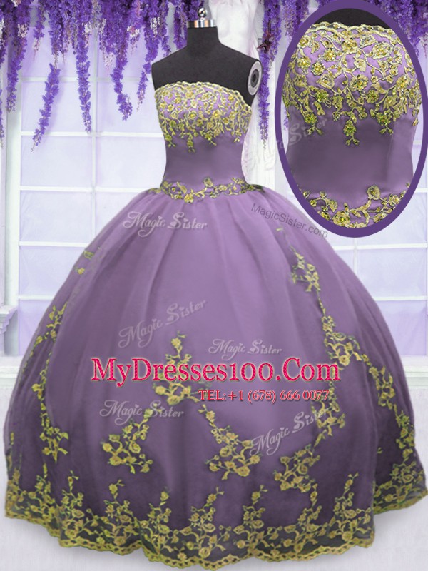 Admirable Lavender Ball Gowns Tulle Strapless Sleeveless Appliques Floor Length Zipper Quince Ball Gowns