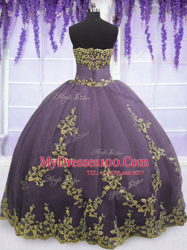 Admirable Lavender Ball Gowns Tulle Strapless Sleeveless Appliques Floor Length Zipper Quince Ball Gowns