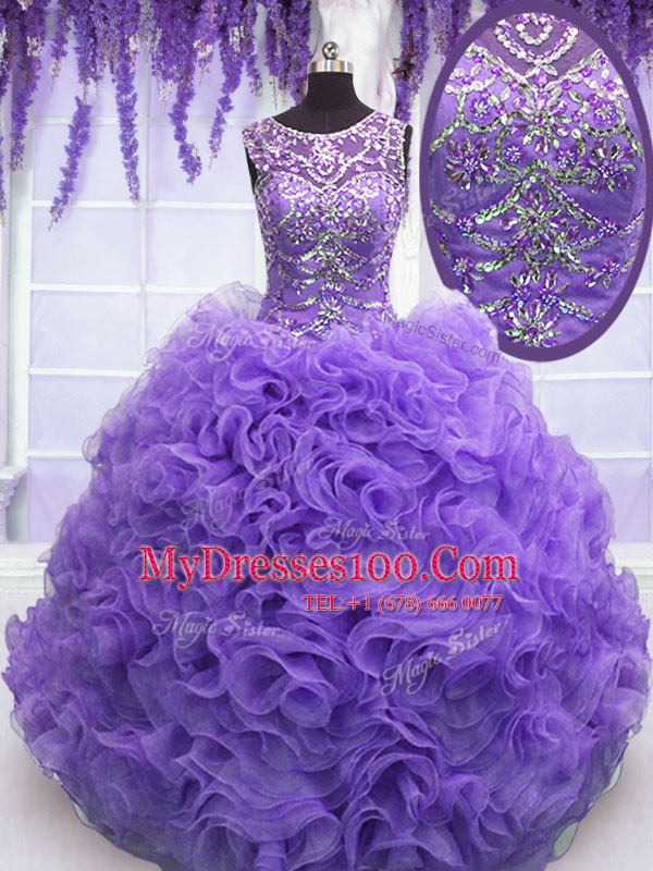 Beauteous Lavender Ball Gowns Scoop Sleeveless Organza Floor Length Lace Up Beading and Ruffles Sweet 16 Quinceanera Dress