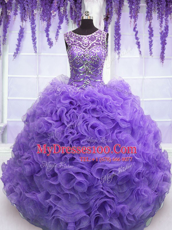 Beauteous Lavender Ball Gowns Scoop Sleeveless Organza Floor Length Lace Up Beading and Ruffles Sweet 16 Quinceanera Dress