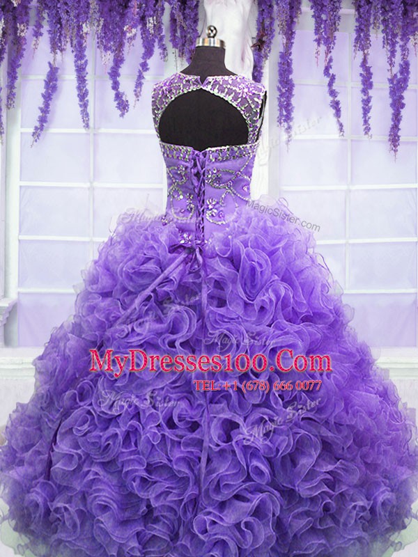 Beauteous Lavender Ball Gowns Scoop Sleeveless Organza Floor Length Lace Up Beading and Ruffles Sweet 16 Quinceanera Dress