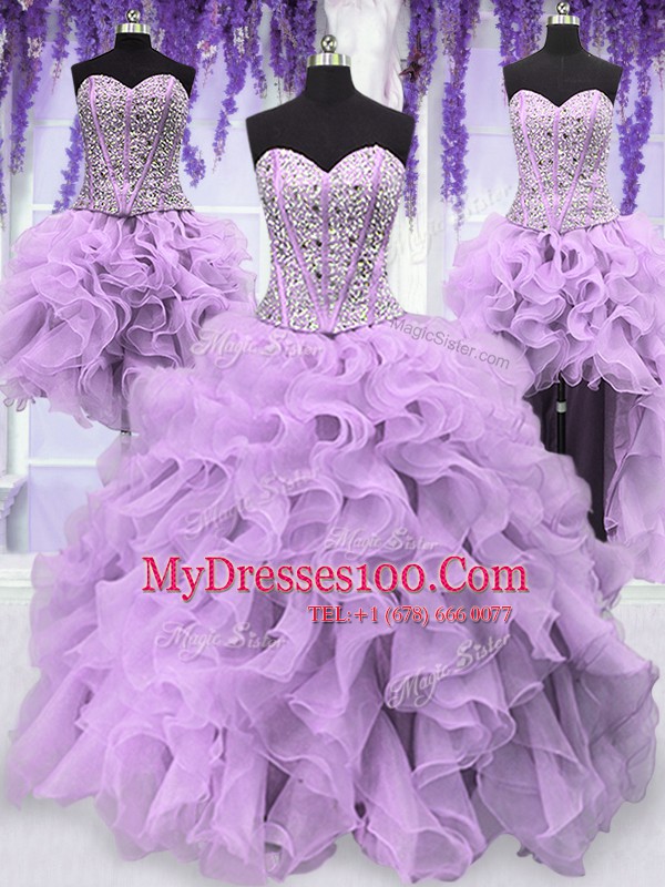 Four Piece Lavender Ball Gowns Sweetheart Sleeveless Organza Floor Length Lace Up Ruffles and Sequins Sweet 16 Dresses