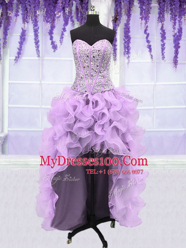Four Piece Lavender Ball Gowns Sweetheart Sleeveless Organza Floor Length Lace Up Ruffles and Sequins Sweet 16 Dresses